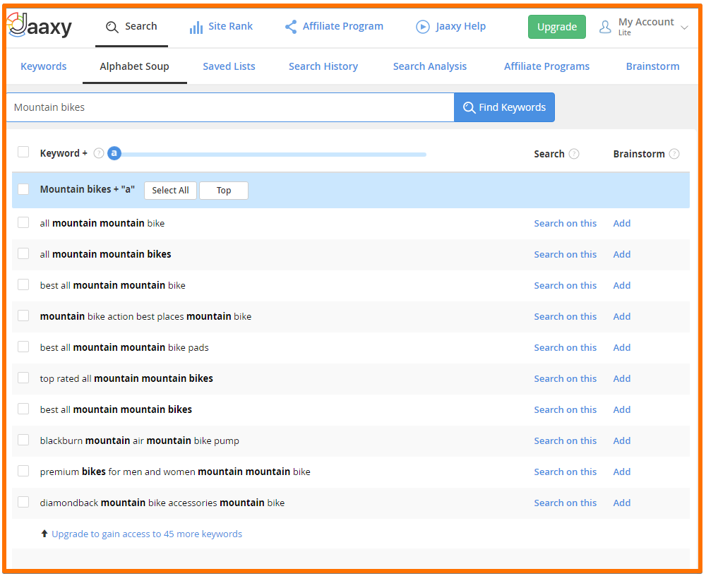 Keyword research - Jaaxy Alphabet Soup