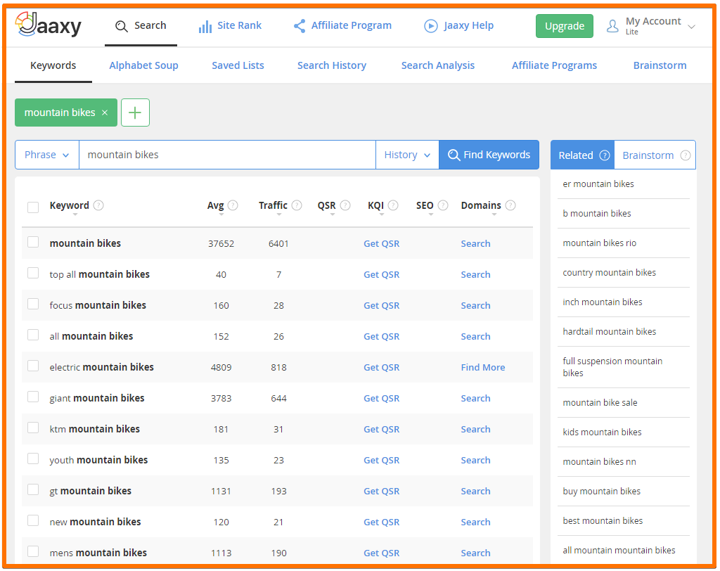 Jaaxy Keyword Research tool - keyword search results for mountain bike