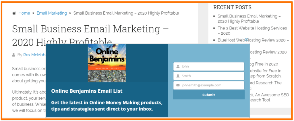 small business email marketing - email opt in form
