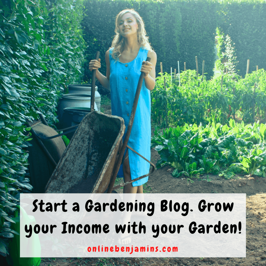 Make good money online from gardening - Lady pushing a wiheel barrow in her garden.