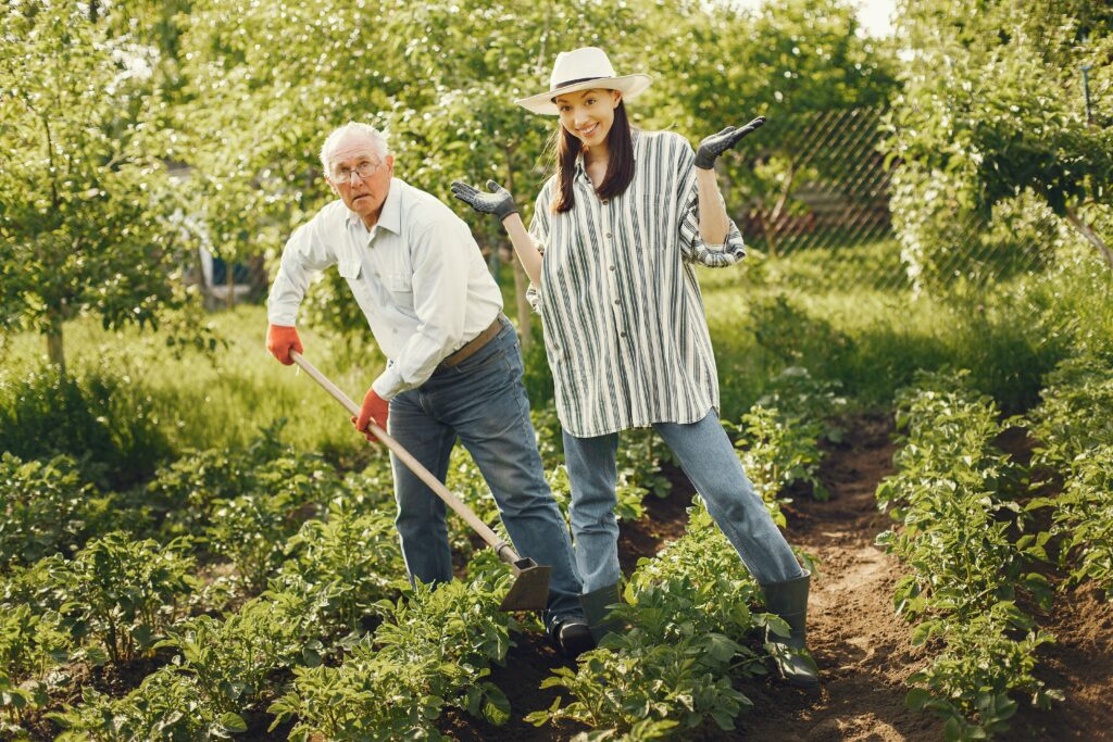 make good money online from gardening - Grandpa and granddaughter working together in the garden