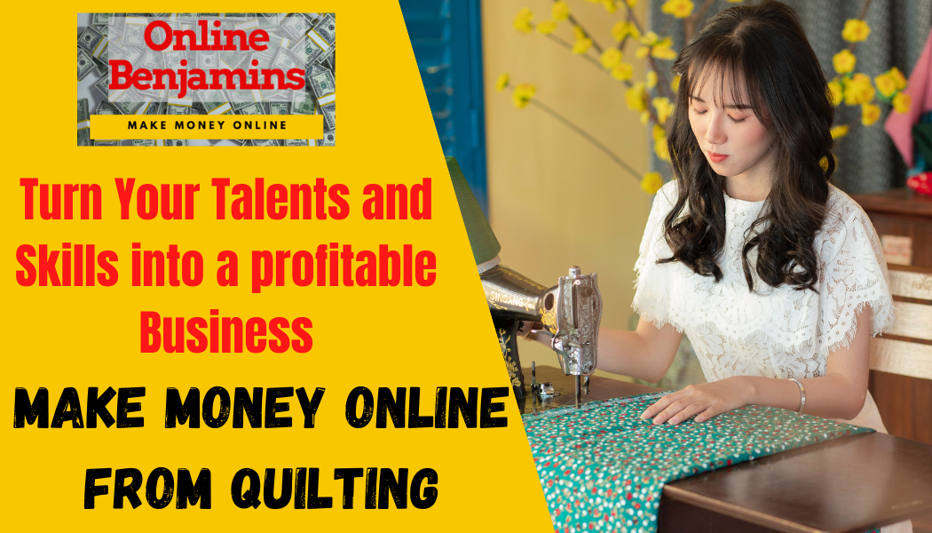 Lady quilting with sewing maching - Make money online from quilting featured image
