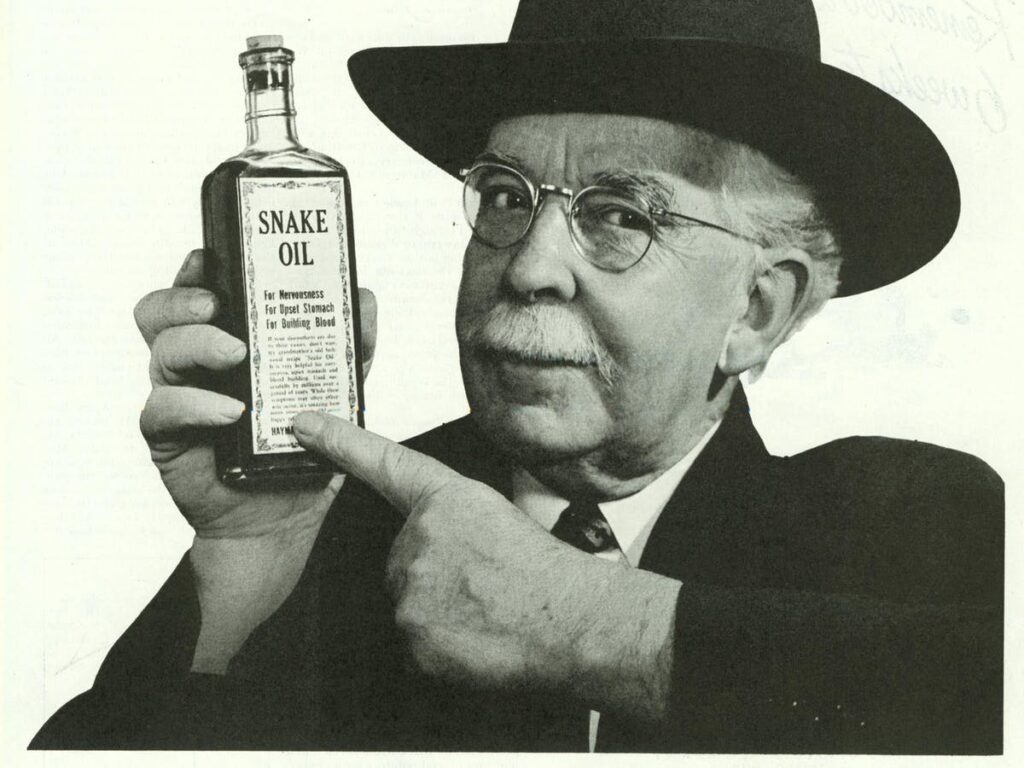 Image of a snake oil salesman. Selling BS to the gulible.