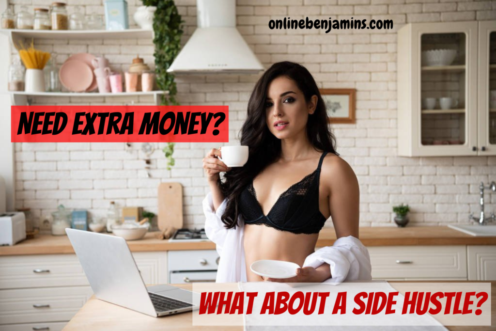 work online and earn money from home - Young lady in her kitchen with a cup of coffee working on her freelancing side hustle at her laptop