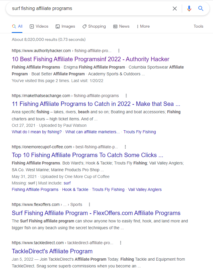 the best niche for affiliate marketing - surf fishing affiliate program google search results