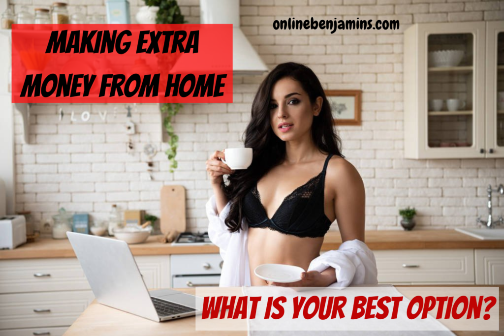 how to make extra money from home - Beautiful lady working at home in her kitchen on her laptop