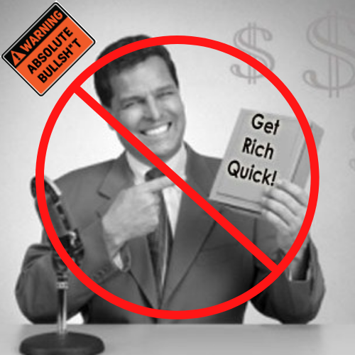 low cost online business opportunities - gentleman holding a book titled "Get Rich Quick" photo has circle with a slash indicating - no get rich quick