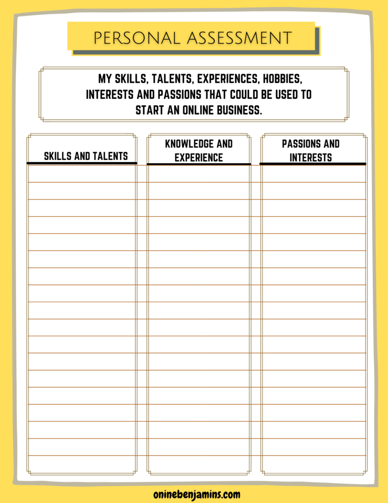 Personal assessment form - free to download from onlinebenjamins.com