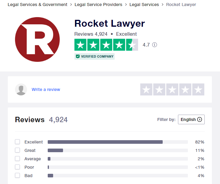 Rocket Lawyer Trustpilot rating of 4.7 out of 5
