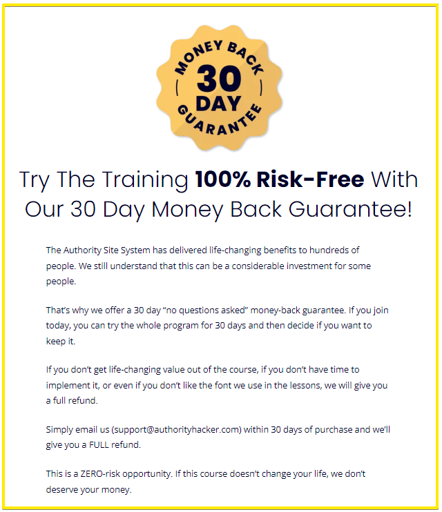 The Authority Site System 30-day Money Back Guarantee