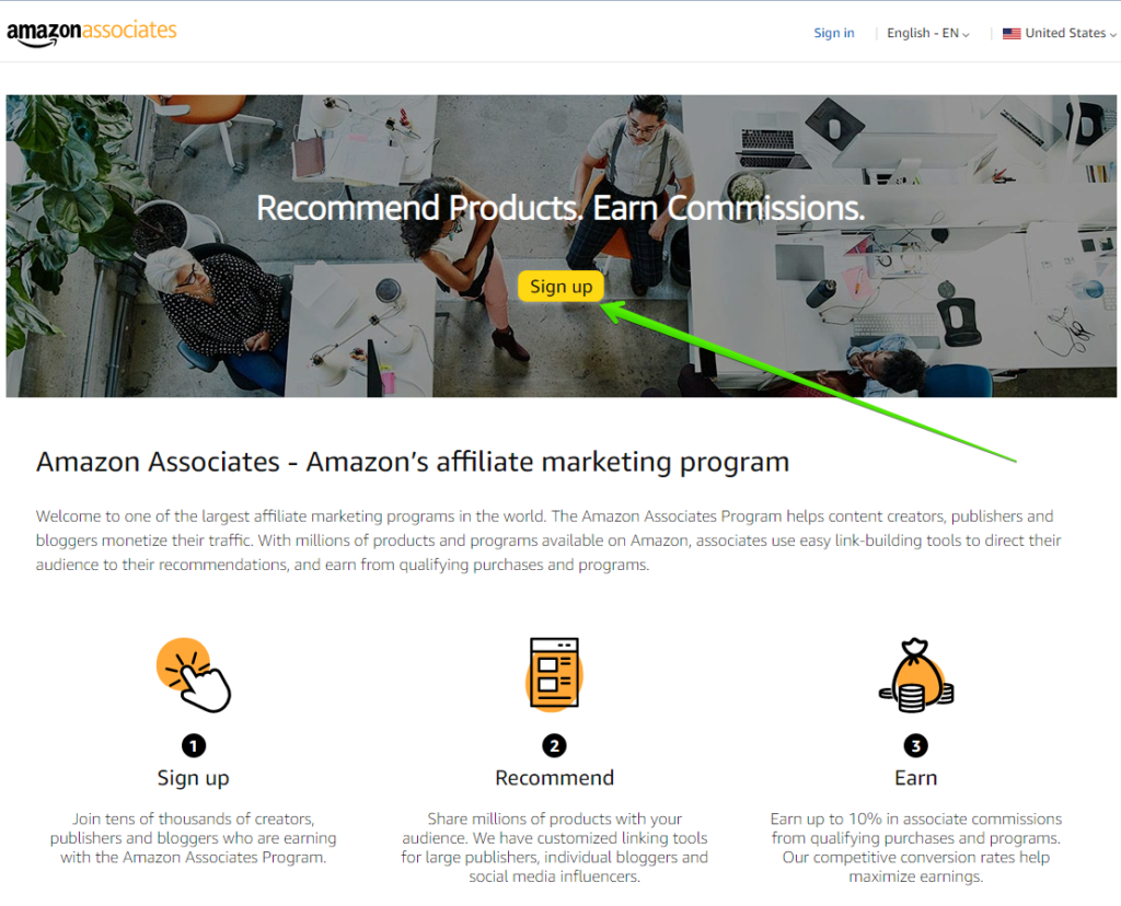 How to become an Amazon Affiliate - Amazon Associates sign up page