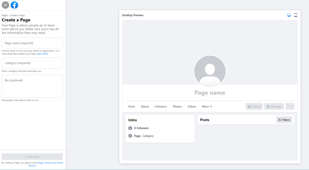 make money with facebook - setting up a new facebook business page screen