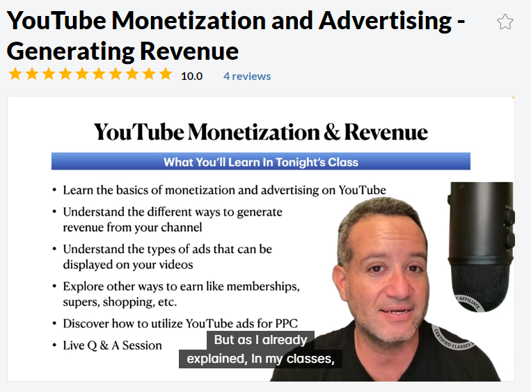 Wealthy Affilliate video training class on YouTube Monetization
