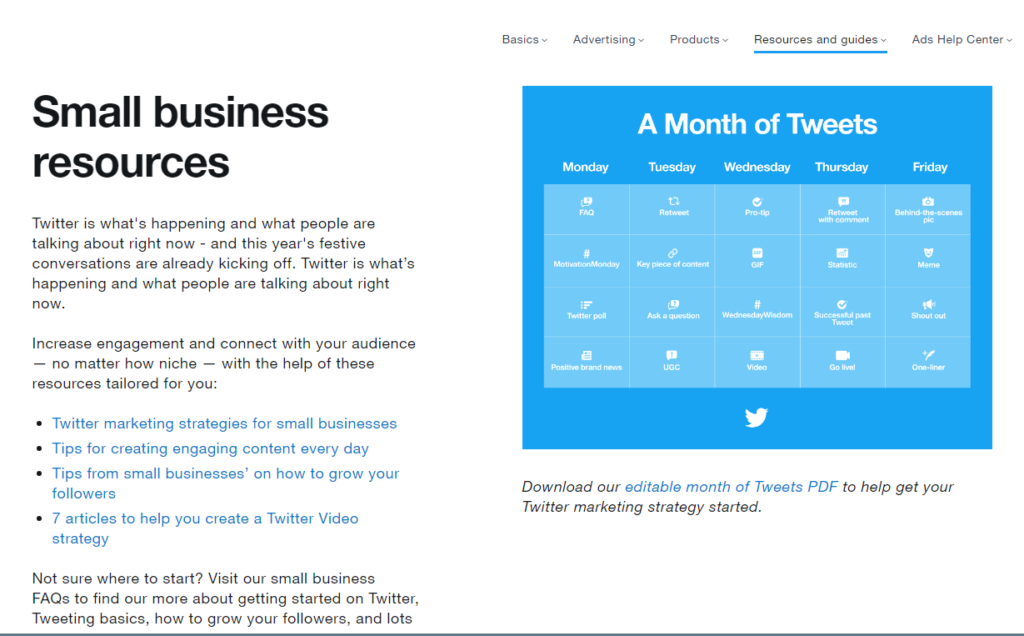 Twitter Small Business resources page