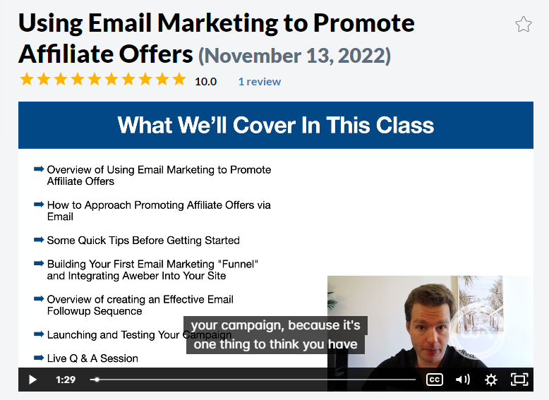 Email Marketing to promote affiliate offers - a screenshot of a Wealthy Affiliate Training session on email marketing