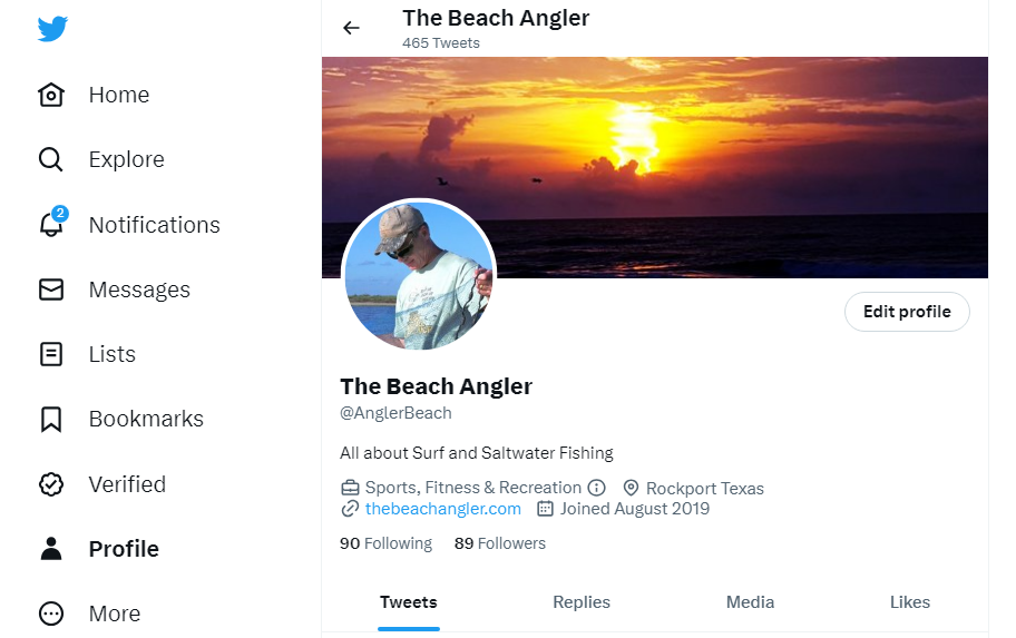 make money with twitter - beachangler.com twitter profile page