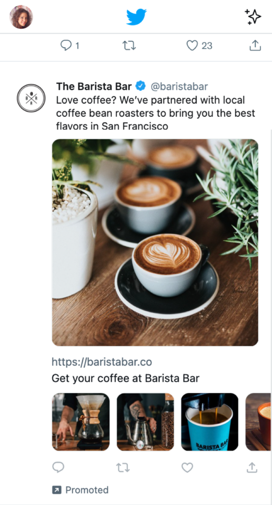 Twitter ad example - coffe shop ad with pictures of specialty coffee drinks on a table