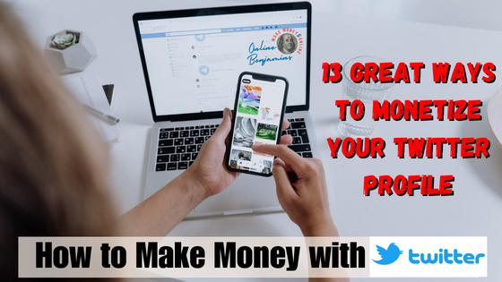 Make money with Twitter featured image. Over the shoulder look at someone working on their Twitter account from both their smart phone and laptop