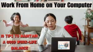 how to work from home on your computer featured image - Young mother trying to work from home on her computer with her two kids running and playing in the background