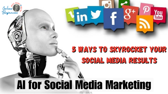 AI for Social Media Marketing featured image - Robot with index finger to it's lower jaw and looking at a group of social media icons as if it is thinking about a social media marketing strategy