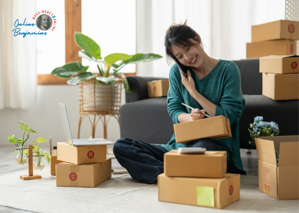 starting an e-commerce business - lady sitting on the floor in her living room on the phone taking orders while boxing up orders for shipping