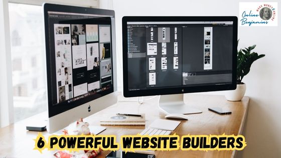 website builder review - image of two computer sceens on a desk with images of website building and design