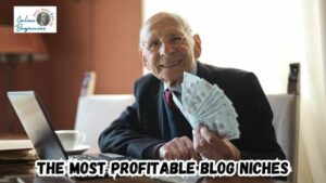 Popular niches for blogging featured image with older man at his desk with laptop open while holding a hand full of cash.