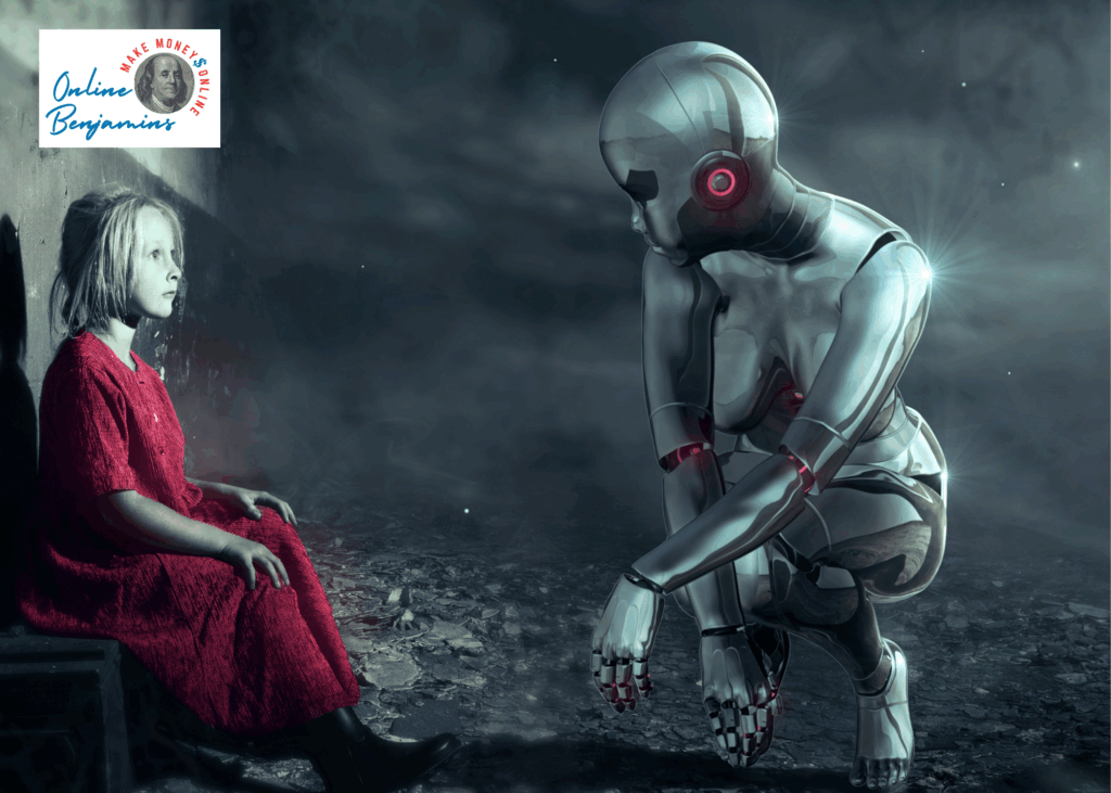 A little girl is sitting with an AI robot kneeling in front of her.