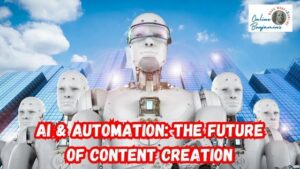 AI and Automation for Content Creation featured image showing a group of 4 AI robots standing on the street in front of a city skyline.