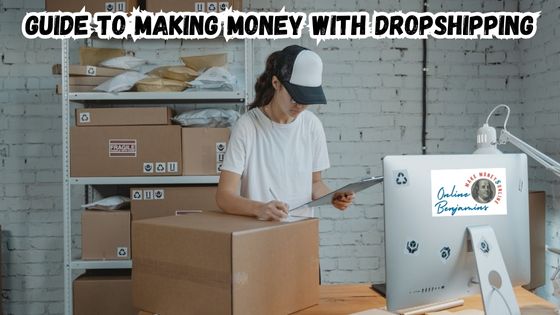 Guide to making money with dropshipping featured image with worker checking orders on computer and packing boxes for shipping.