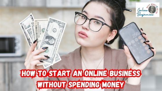 How to Start an Online Business with No Money featured image showing a lady at her desk holding up her cell phone facing out in one hand, and a fist full of cash in the other hand.
