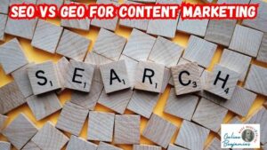 SEO vs GEO for Content Marketing featured image showing a table covered with Scrabble tiles and spelling out the word "search".
