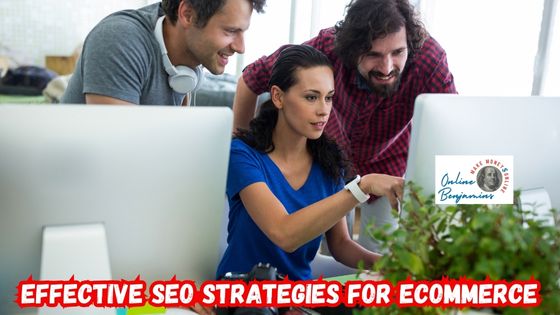 SEO Strategies for E-commerce Sites Featured image showing three people huddled around a computer screen discussing SEO strategies.
