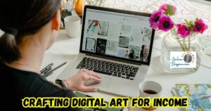 Crafting Digital Art for Income featured image showing a lady working at her computer designing digital artwork.