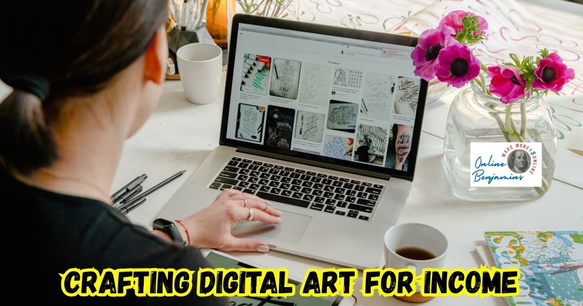Crafting Digital Art for Income featured image showing a lady working at her computer designing digital artwork.