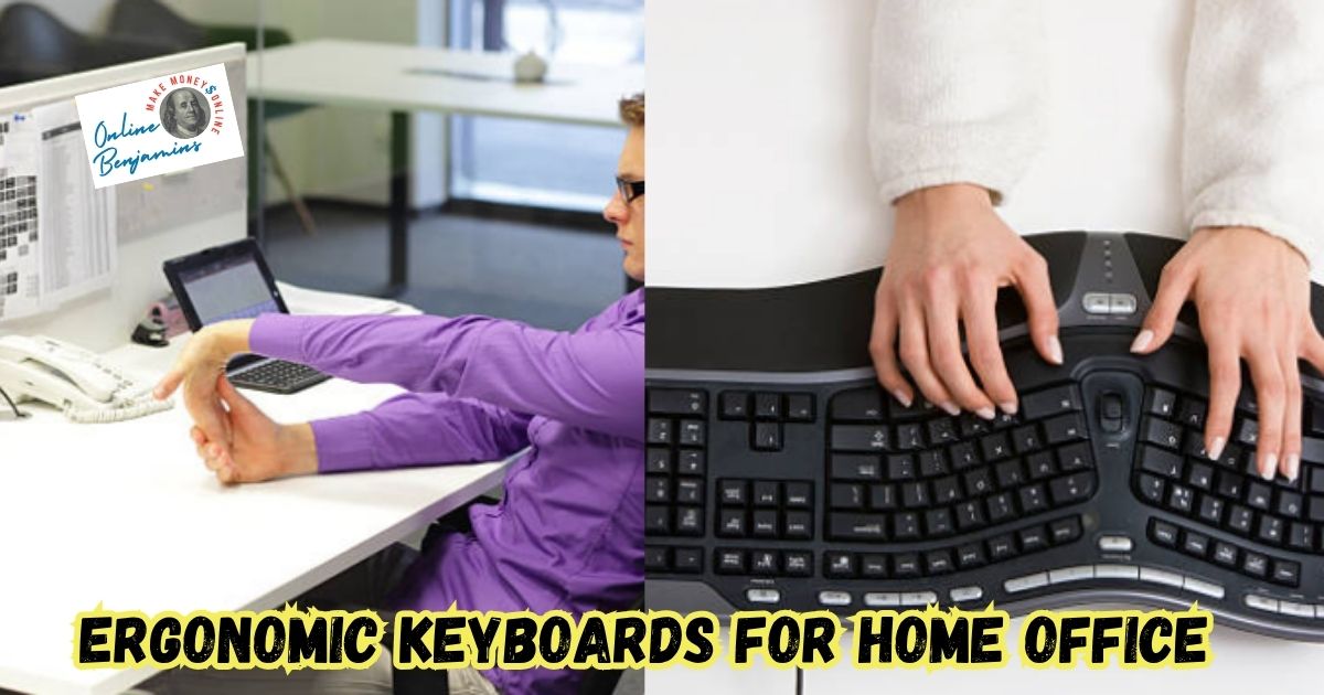 Ergonomic Keyboards for Home Office featured image showing someone stretching their hands and fingers from the stress of using a traditional keyboard next to an image of someone typing on an ergonomic keyboard.