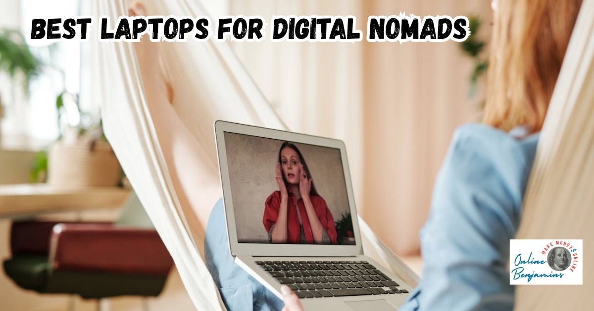Laptops for Digital Nomads featured image showing a lady in a hammock with her laptop in her lap while she has an online meeting.