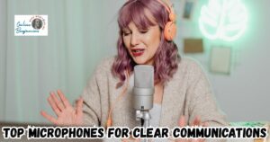 Upgraded Microphones for Clear Communications featured image showing a lady at her desk with a microphone in front of her as she communicates online.