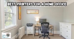 Best Printers for Home Office featured image showing a home office set up with a computer desk, a computer, and printer.