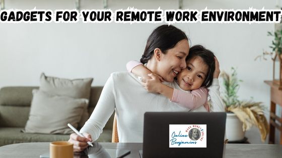 Smart Gadgets to Enhance Your Remote Work Environment featured image showing a little girl hugging her mom from behind as the mom works at her laptop from home.