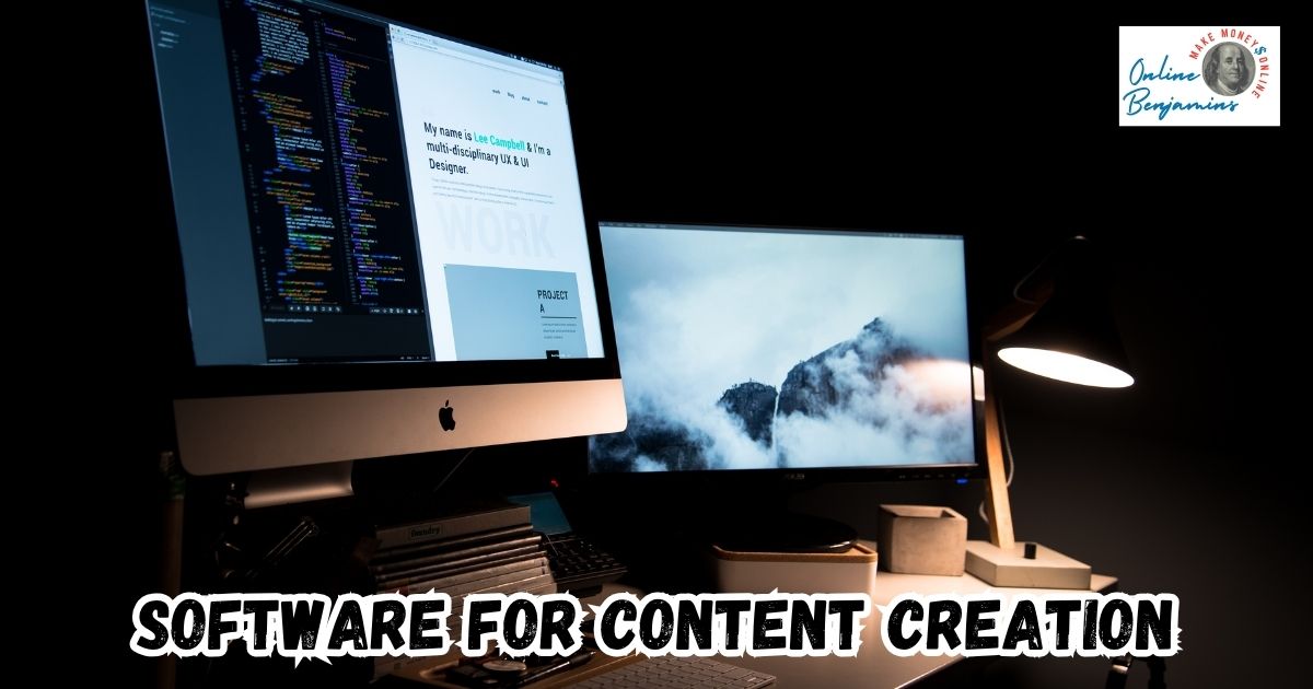 Software for Content Creation featured image showing a computer with two monitors, one is open to a content creation software program.