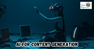 AI Content Generation for Blogs and Social Media featured image - showing a lady sitting on the floor in front of several monitors while wearing virtual reality goggles.