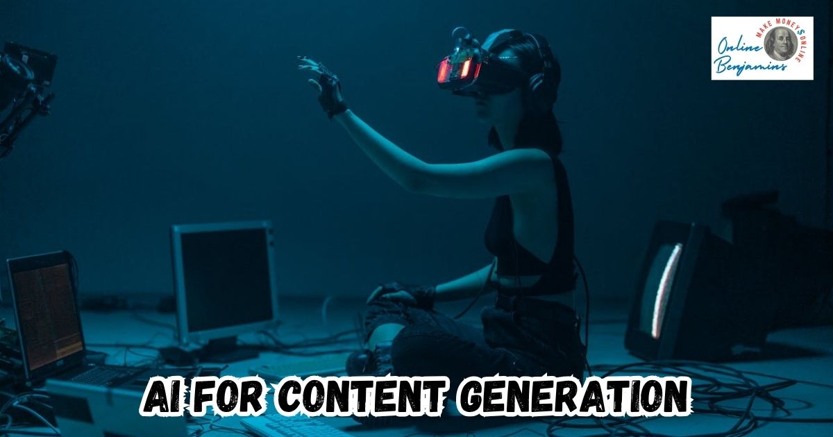 AI Content Generation for Blogs and Social Media featured image - showing a lady sitting on the floor in front of several monitors while wearing virtual reality goggles.