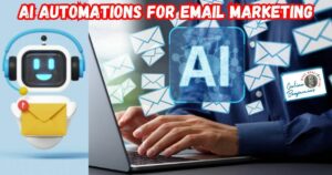AI Automation for Email Marketing featured image showing a robot holding an email envelope icon next to someone working at their computer checking emails.
