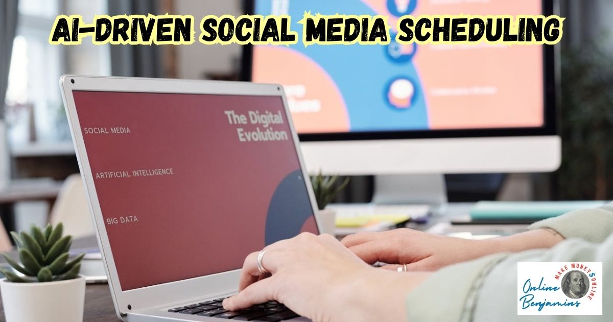 AI-Driven Social Media Scheduling featured image showing someone working at their laptop with the screen listing AI and Social Media.