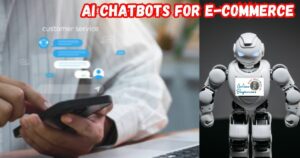 AI Chatbots for E-commerce featured image showing someone on their phone chatting with a chatbot.