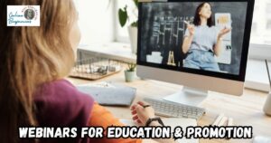 Webinars for Education and Promotion featured image showing a lady at her desk watching a webinar on her computer.