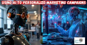 Using AI to Personalize Marketing Campaigns feature image showing two robots gathering data online.