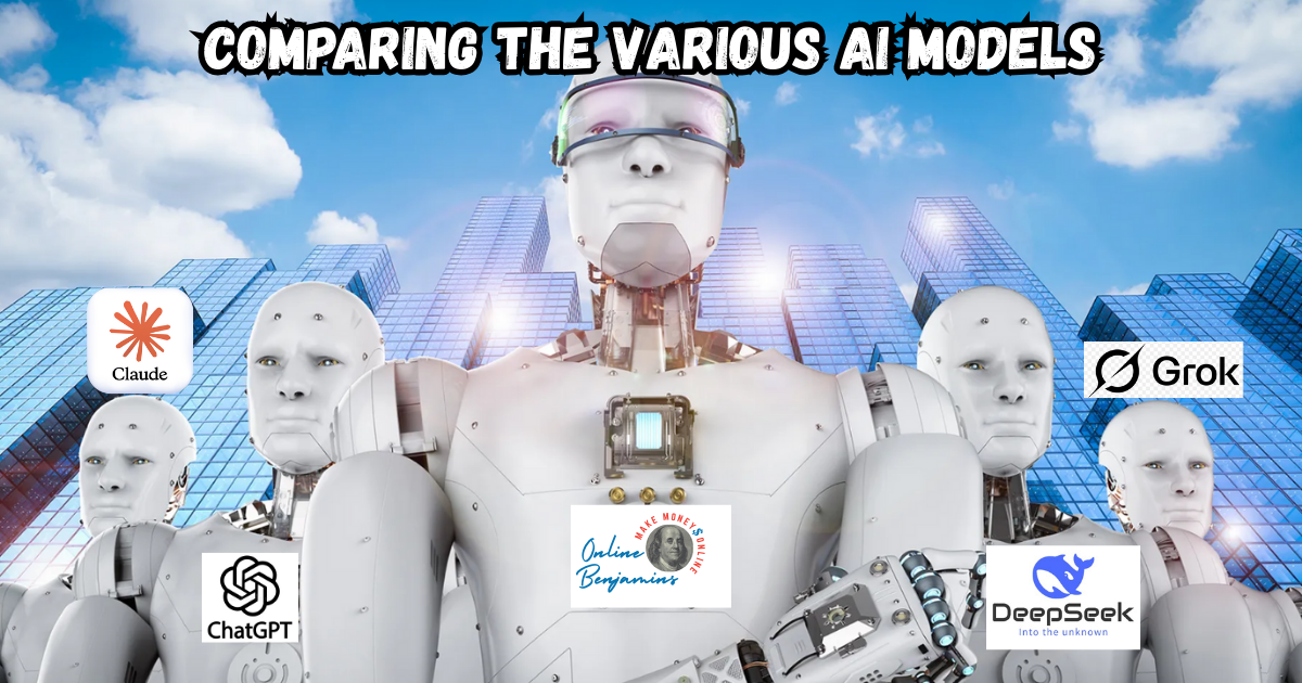 Comparing the Different AI Models featured image showing several AI robots labeled with the most popular AI Model Logos.