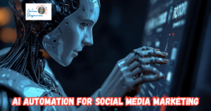 How to Apply AI Automation to Social Media Marketing featured image showing an AI robot working at a computer monitor.